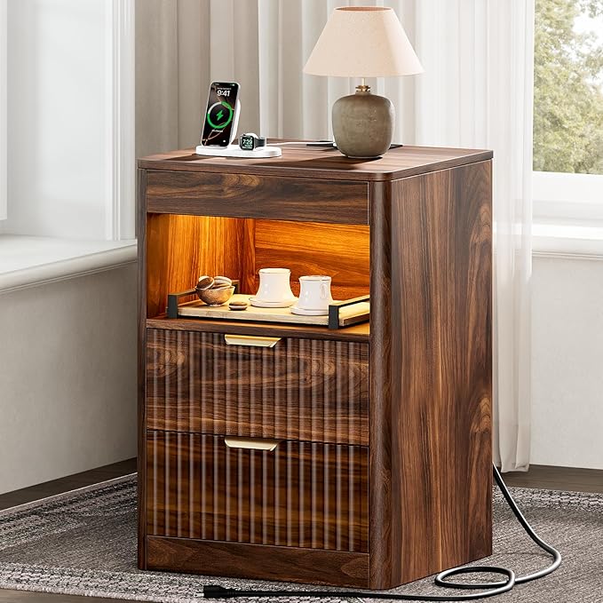 REAHOME Fluted Nightstand Set of 2 with Charging Station, Modern LED Night Stand with 2 Drawers and Pull Out Tray, Wood Bedside Table, End Side Table with Open Shelf for Bedroom,Walnut