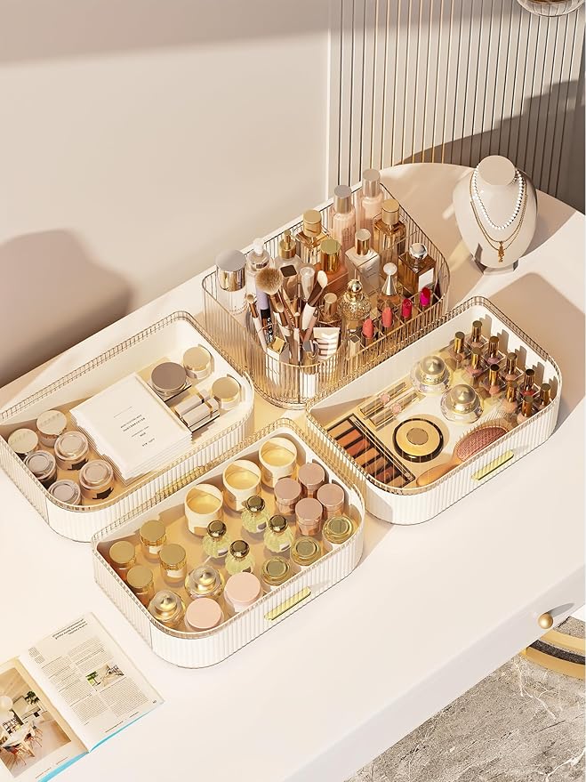 360° Rotating Makeup Organizer with Drawer, Clear Acrylic Cosmetic Storage Display, Stackable Beauty Counter (Clear, Large (Tray + 1 Drawer))