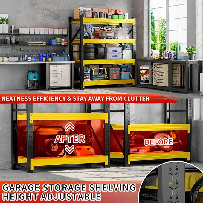 5000LBS Garage Storage Shelves, 59" W Garage Shelving Heavy Duty Adjustable Shelving Unit, 4 Tier Metal Utitly Shelves Industrial Shelving for Warehouses,Basement,Black Yellow