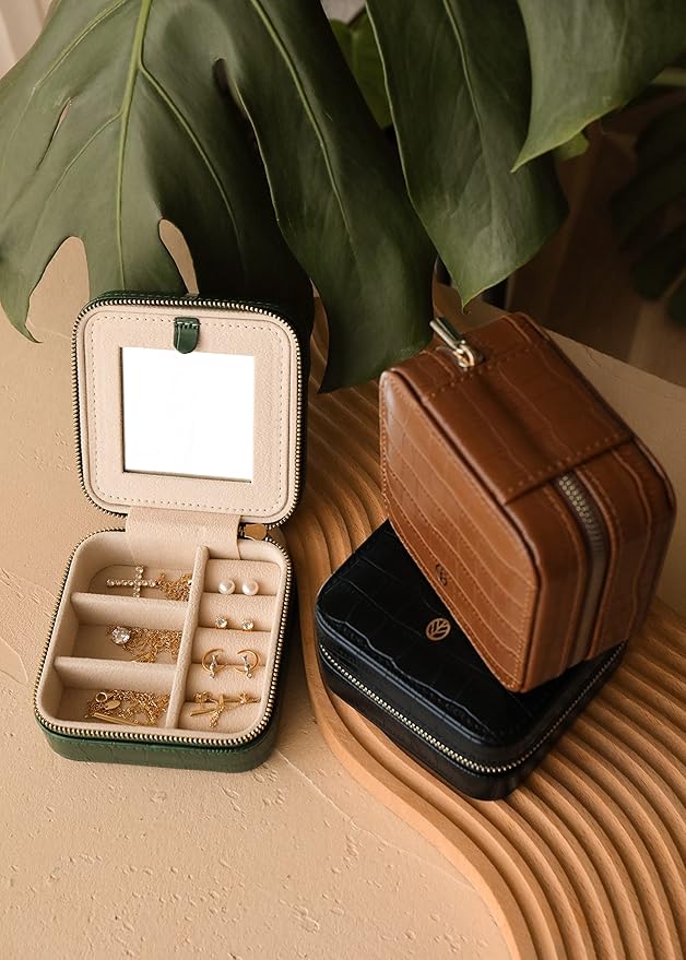 S.Leaf Travel Jewelry Organizer Boxes for Women Small Portable Necklace Earrings Bracelet Rings Travel Case Best Friend Birthday Gifts for Women Trendy (11_Pattern_Crocodile_Black_01)