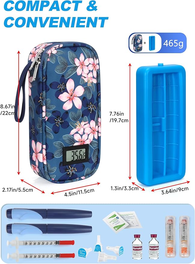 Insulin Cooler Travel Case with °F Display - TSA Approved Refrigerated Medicine Travel Bag with Protective Ice Brick, Long-Lasting Cooling for Vials and Pens (Magnolia)