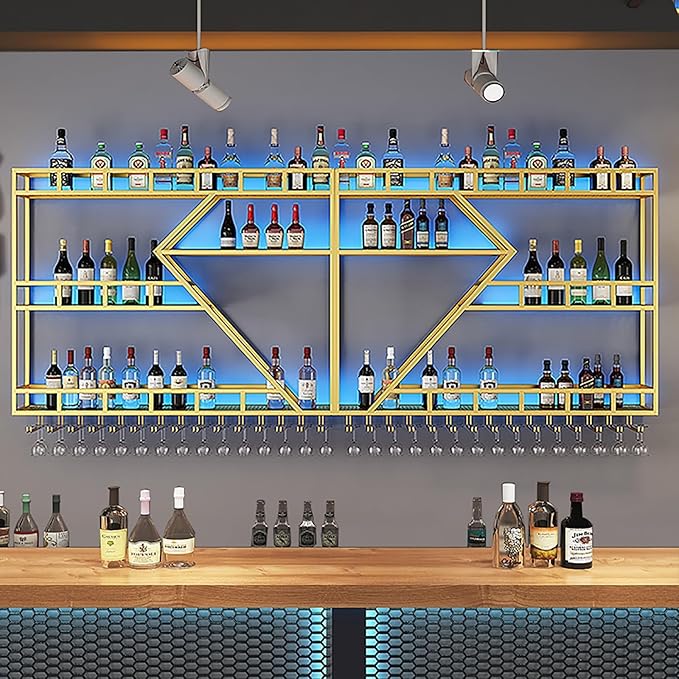 94.48in Metal Wine Rack Wall Mounted, Modern Wine Storage Rack Wall Mounted with Wine Glass Holder, Liquor Shelf, Bar Shelves for Liquor Bottles (3TIERS Gold, 94.48 * 7.87 * 33.85INCH)