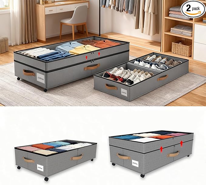 2 Pack Under Bed Storage with Wheels 65L XXL Large Under Bed Storage Containers Box with Lids 10inchs Underbed Storage with Wheels Rolling Under the Bed Storage Bins for Shoes,Clothes,Blankets,Toys