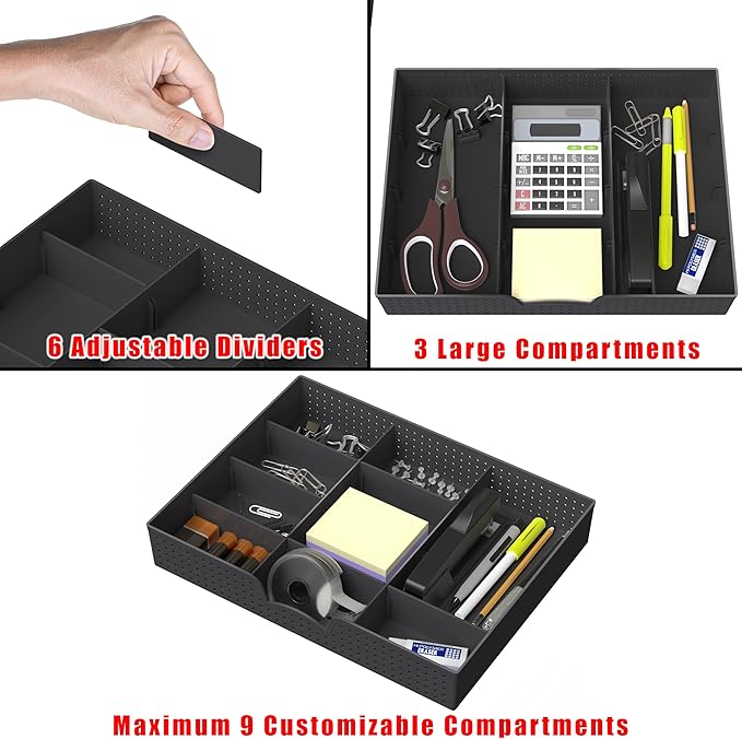 Simple Houseware Drawer Organizer Tray with 9 Adjustable Compartments, Black