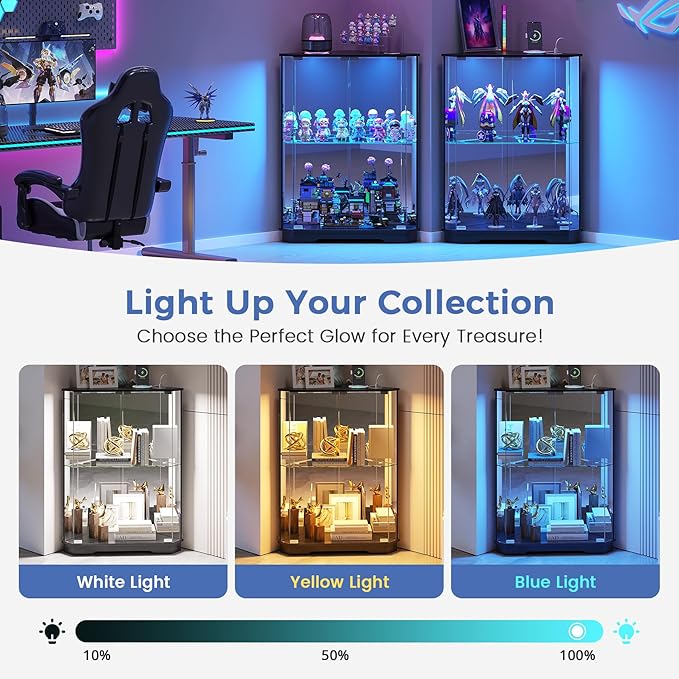 Corner Display Cabinet Set of 2 with Glass Doors, Small Display Case with 3-Color LED Lights and Charging Station, 2-Tier Curio Cabinet with Storage and Shelf, Black