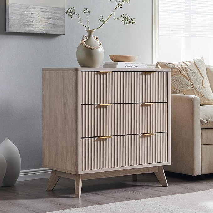 T4TREAM Fluted 3 Drawer Dresser, 32" Tall Modern Chest of Drawers, Curved Profile Design, Wood Drawer Organizer for Bedroom, Living Room, Hallway, Entryway, White Alder