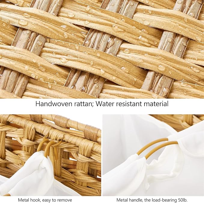 Laundry Hamper with 3 Removable Liner Bags; 132L Handwoven Rattan Laundry Basket with Lid & Heightened Feet; Clothes Hamper with Side Handles; Laundry Sorter with 3 Separate Sections (Natural)