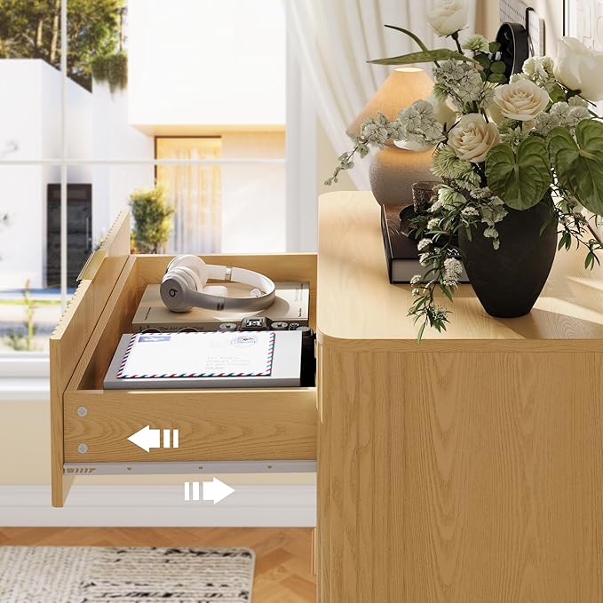 Fluted Dresser for Bedroom with 5 Drawers Set of 2, 45" Large Closet Clothes Wood Tall Dresser Storage Organizer, Mid Century Modern Chest of Drawers with Deep Storage Natural