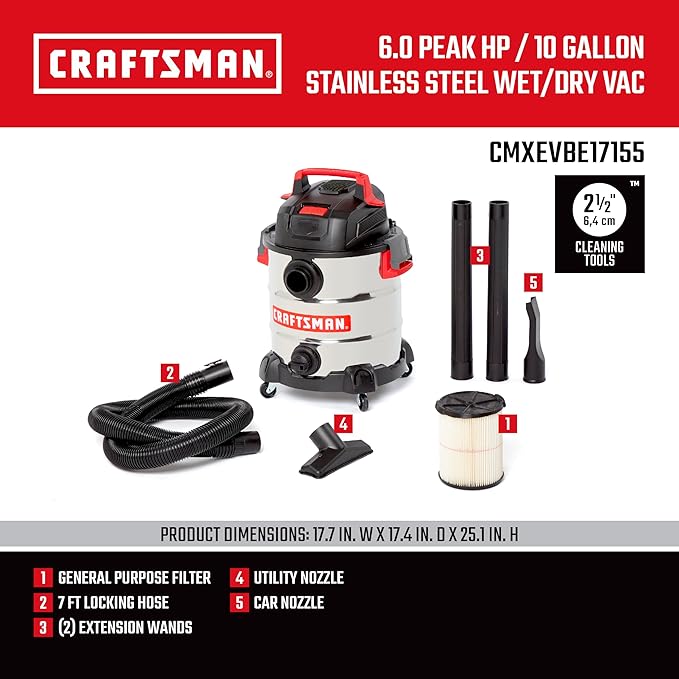 CRAFTSMAN CMXEVBE17155 10 Gallon 6.0 Peak HP Stainless Steel Wet Dry Vac, Portable Shop Vacuum Wet and Dry with Filter, Hose and Attachments for Home and Garage Use