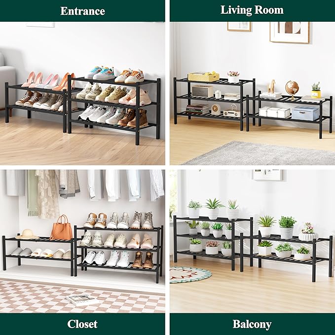 Smiry Bamboo Shoe Rack for Closet, 5 Tier Wooden Stackable Shoe Organizer, Free Standing Shoes Storage Shelf for Entryway, Front Door Entrance, Black