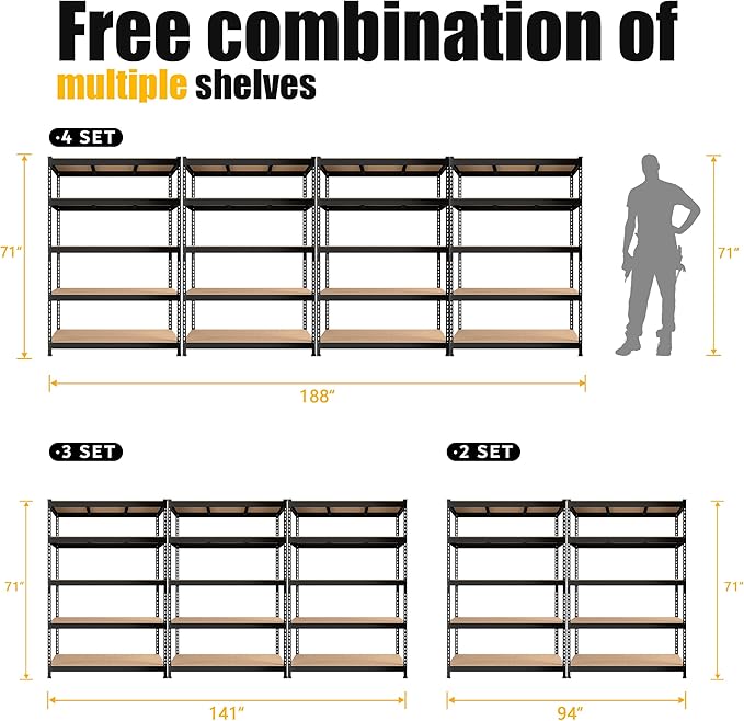 PrimeZone 48" W x 18" D x 72" H Garage Shelving Heavy Duty - Adjustable Metal Storage Shelves, 5 Tier Industrial Shelving Unit, Utility Shelf Rack for Basement, Warehouse, Pantry, Closet, Black, 3Pack