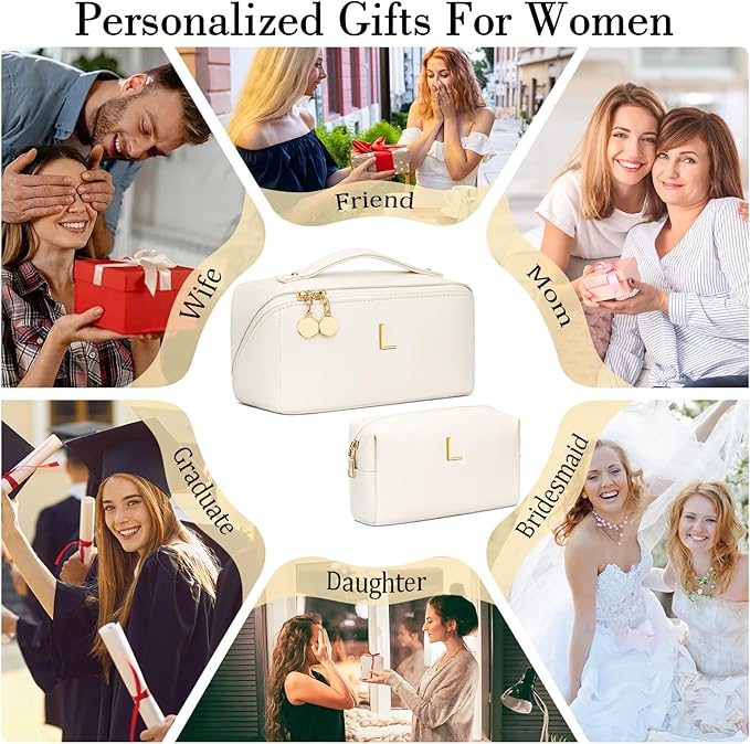 Birthday Gifts for Women Teen Girl, Personalized Initial Makeup Organizer Bag Set, Open Flat Travel Cosmetic Bag With Clear Divider and Handle(Beige,L)