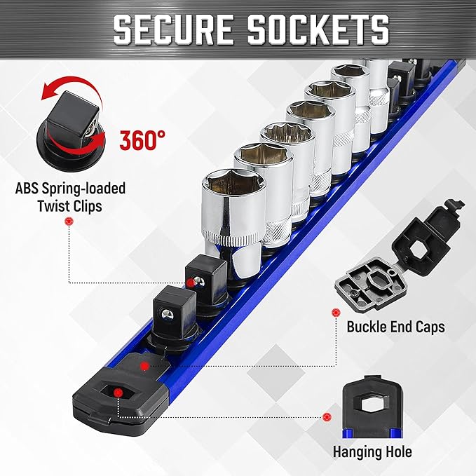 ALOANES 6-Piece Magnetic Socket Organizer, Heavy Duty Aluminum Socket Rails Organizer, 360° Swivel Clips Socket Holder Kit for Tool Box, 1/2, 3/8, 1/4-Inch Socket Holder x 80 Clips (Black&Blue)