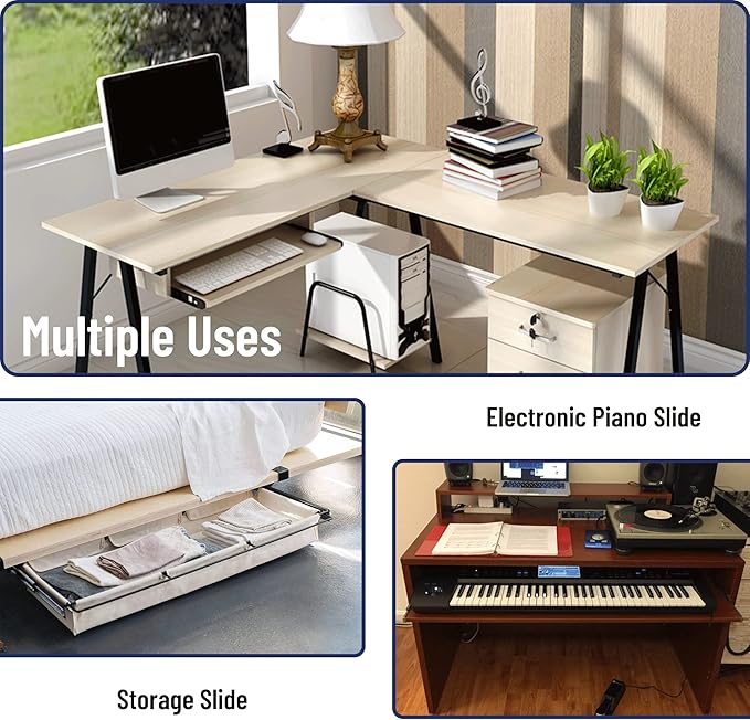 14" Keyboard Slide Heavy Duty Ball Bearing Slides Computer Tray Under Desk Rails Rack Cabinet Furniture Drawer Hardware Accessories with Adjustable Height Bracket & L Extension Support Bracket(Sliver)