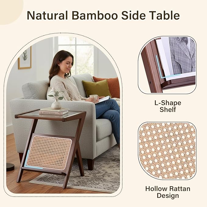 Tiita 2 Pack Rattan Side Table, Mid Century Nightstand, Bamboo Accent Bedside Tables, Glass Coffee Tables, Boho Wooden End Table with Storage for Small Space, Living Room and Bedroom