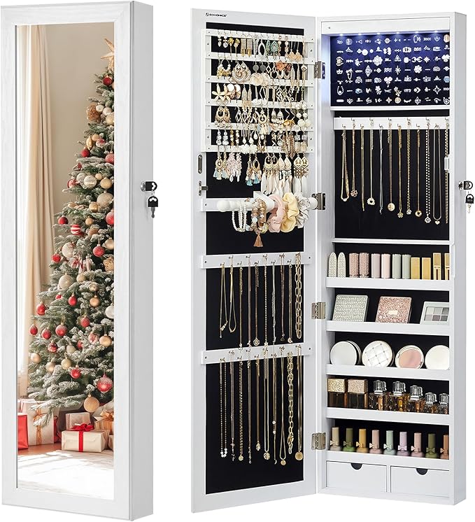 SONGMICS 6 LEDs Mirror Jewelry Cabinet, 47.2-Inch Tall Lockable Wall or Door Mounted Jewelry Armoire Organizer with Mirror, 2 Drawers, Christmas Gift, 3.9 x 14.6 x 47.2 Inches, White