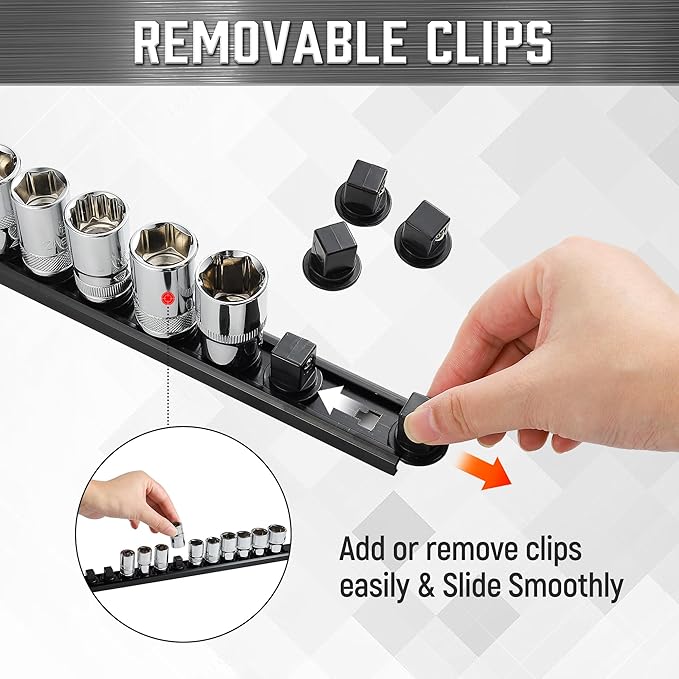 ALOANES 3-Piece Magnetic Socket Organizer, Heavy Duty Aluminum Socket Rails Organizer, 360° Swivel Clips Socket Holder Kit for Tool Box, 3/8-Inch Socket Holder x 42 Clips (Black)