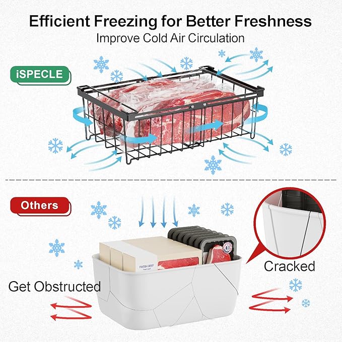 iSPECLE Chest Freezer Organizer Bins - Fit 10 to 20 Cu.FT Deep Freezer, 6 Pack Large Expandable Stackable Bins Sort Frozen Food Easy to Get Food from Bottom without Digging, Better Ventilation, Black