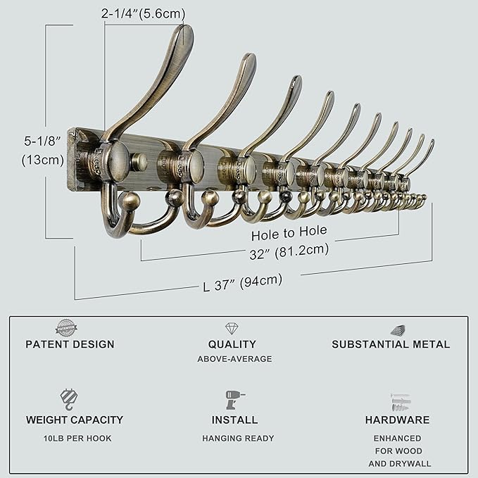 Dseap MaxStrong 2.0 Coat Rack Wall - 37” Long 10 Tri Hooks - Ultra Heavy-Duty Stainless Steel Wall Mount Coat Hanger, Hook Rail for Clothes Hats Jacket Towels Bronze, Pack of 2