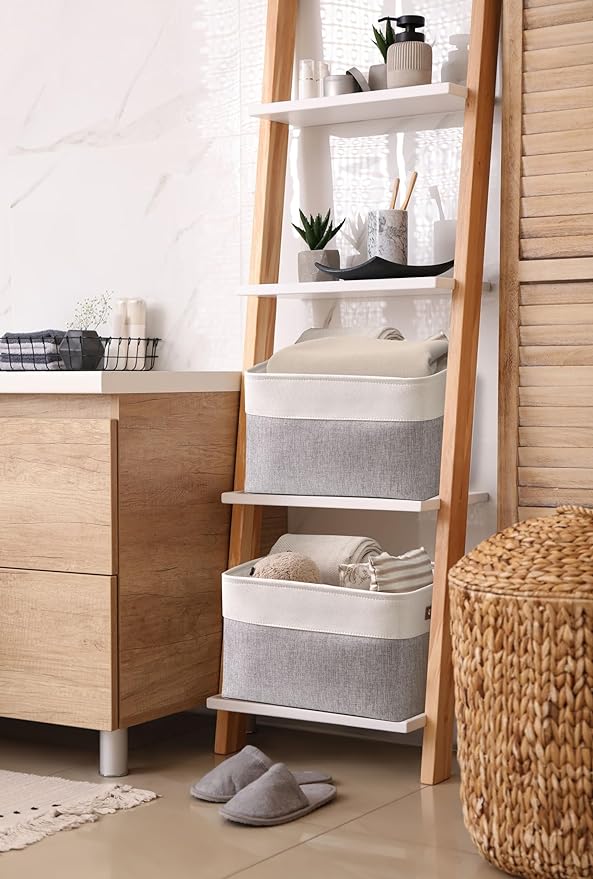 DECOMOMO Storage Baskets for Shelves - Fabric Storage Bins, Linen Closet Organizers and Storage (Grey & White, XL - 3 Pack)