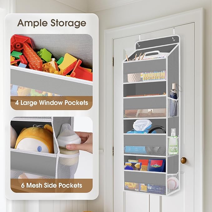 2 Pack Over The Door Organizer, Hanging Storage Organizer with Clear Window, 40lb Ultra Sturdy Large Capacity Room Organizer for Pantry Laundry Bathroom Nursery Closet (Grey)