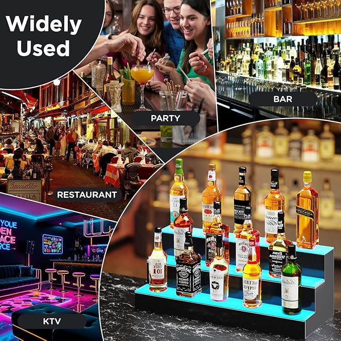 Dethan 2 Tier 20 Inch Liquor Bottle Display Shelf - L-Shape Corner Wine Racks with Multi-Color App & Remote Control, Adjustable Brightness & Sound Modes, Acrylic Bar Shelves for Displays