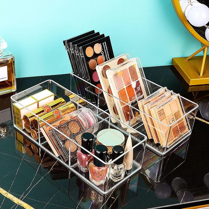 JessLab Acrylic Organizers, Bathroom Organizer for Drawer, 4-Pack Cosmetic Display Cases for Vanity, Countertop, Desk, Kitchen, and Makeup Storage, 3 Compartment
