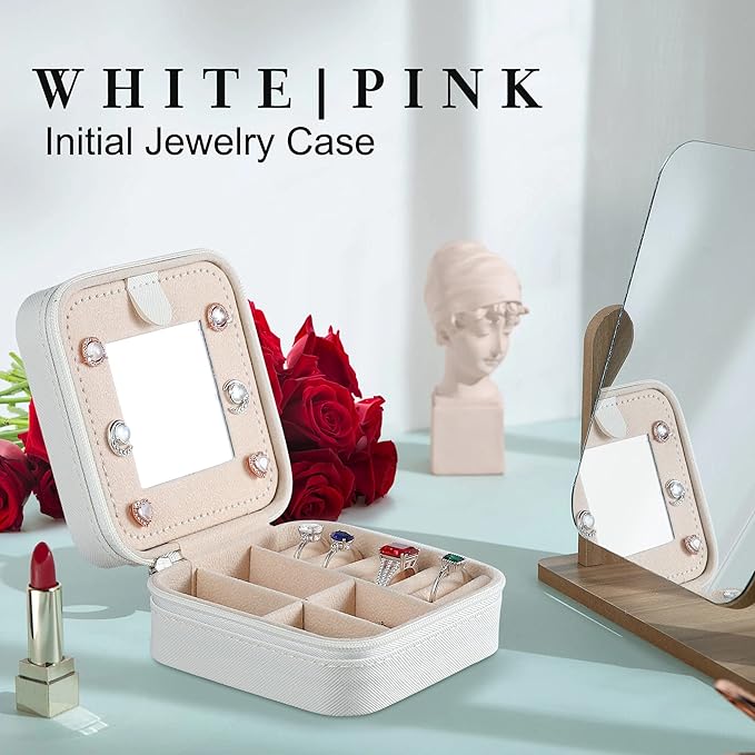 Parima Christmas Gifts for Grandkids - Travel Jewelry Case, Ring, Necklace, Earring Organizer Box - Initial M, White