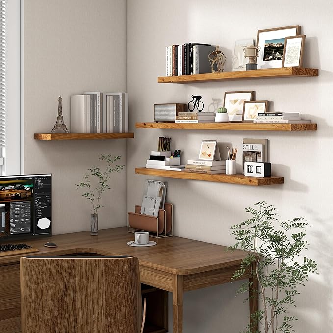 Axeman Floating Shelves for Wall - 40''W x 8'' D Rustic Solid Elm Wood Shelves for Storage, Wall Mounted Display Shelving with Invisible Heavy-Duty Metal Bracket (Natural, 2PCs)