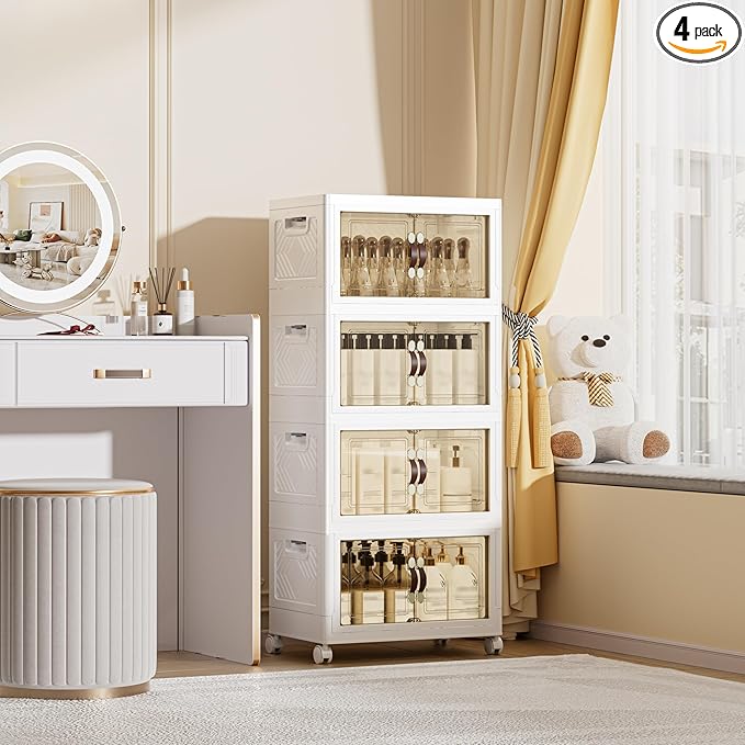 144 QT / 36 Gal Magnetic Double Door Cabinet with Wheels - Foldable Stackable Design, Leather Handles, Water Resistant Organizer for Bathroom, Kitchen