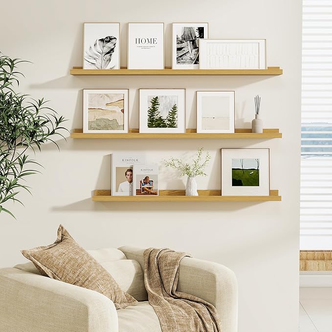 Fun Memories Picture Ledge Shelf, Floating Shelves Set of 4, 48 Inch Picture Shelves for Wall with Ledge, Large Nursery Book Shelf for Toys Storage, Living Room, Bedroom Decor Frames, Oak