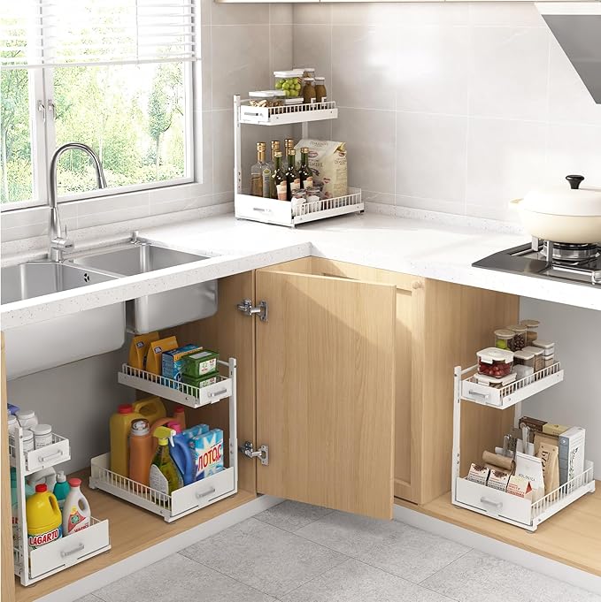 2 Tier Slide Out Kitchen Cabinet Organizers with Pulley, Under Sink Organizer, Under Bathroom Sink Pull Out Organizer with Multiple Height Adjustments for Kitchen and Bathroom Cabinets-White