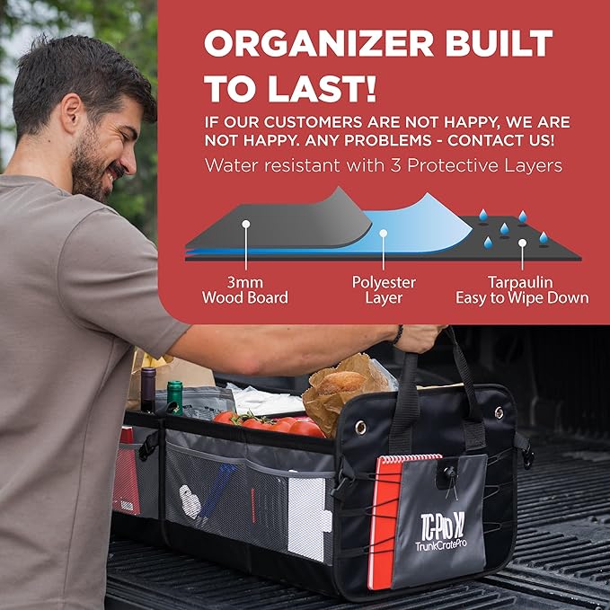 TRUNKCRATEPRO - XL Trunk Organizer For SUV, Car, Truck with 6 Compartments Adjustable Collapsible Portable Non-Skid Premium Cargo Storage Truck Organizer W Straps, Heavy Loads (Extra Large, Gray)
