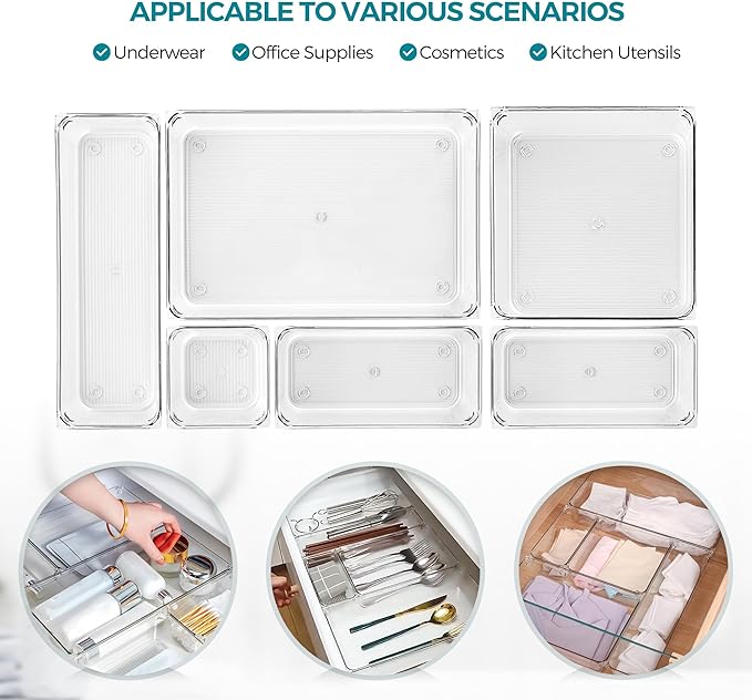6 Pack Drawer Organizer - 6" X 9" Clear Acrylic Storage Bins with Non-Slip Pads, Versatile Desk Tray for Makeup, Jewelry, Kitchen, Bathroom, and Office Organization