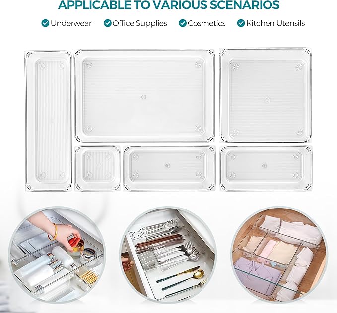 6 Pack Drawer Organizer - 3" X 3" Clear Acrylic Storage Bins with Non-Slip Pads, Versatile Desk Tray for Makeup, Jewelry, Kitchen, Bathroom, and Office Organization