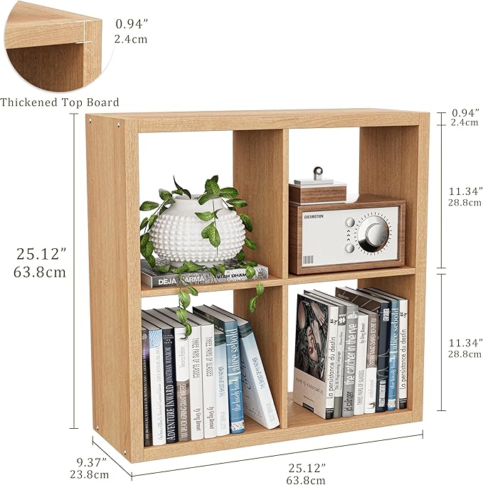 Cube Storage Organizer Bookcase, Decorative 11 inch Open Back Cubical Shelf with Thickened Border, Display Bookshelf for Living Room, Home Office, Sturdy Room (Natural Oak, 4 Cube)