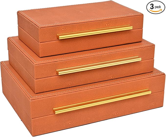 Faux Shagreen Leather Jewelry Storage Boxes Set of 3 with Gold Handles, Velvet Lined Stackable Organizer for Women, Vanity, Dresser, Gift, Burnt Orange