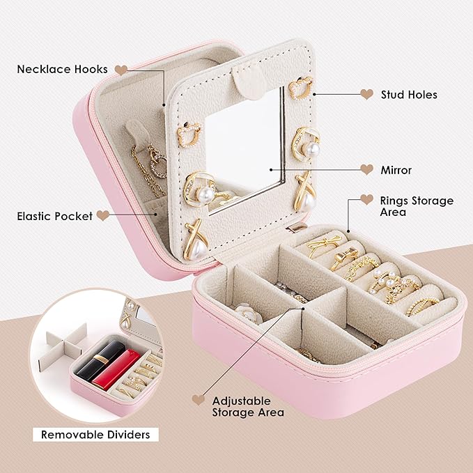 Initial Jewelry Box, Travel Jewelry Case, Gift for Women, Girls, Pink, Classic Style