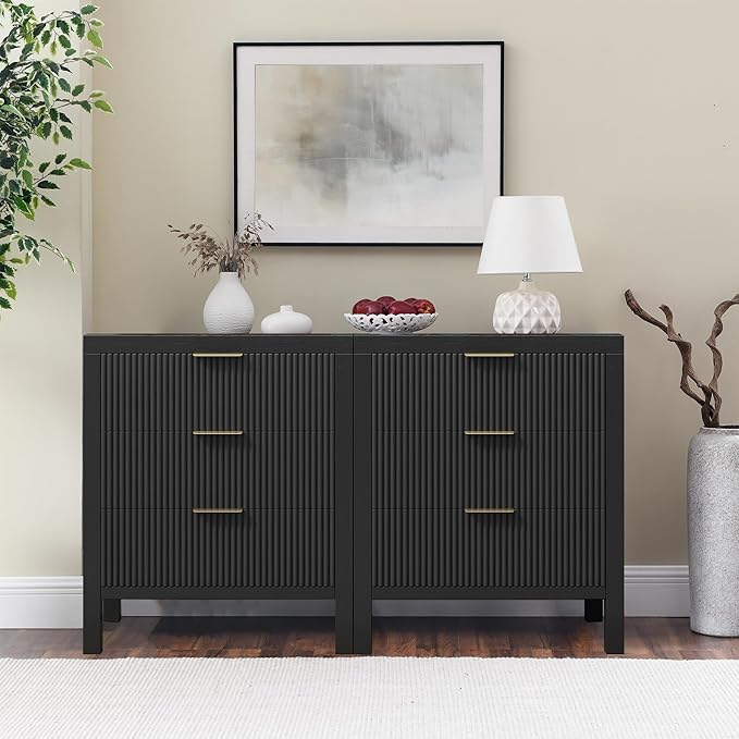 6 Drawer Dresser, Modern Wide Storage Chest of Drawers Organizer with Waveform Panel, Fluted Dresser with Spacious Storage and Golden Handles for Bedroom, Hallway, Entryway, （Black 2PCS）