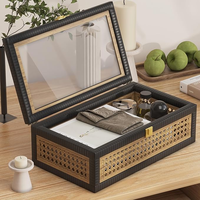 Rattan Decorative Box,Boho Display Boxes with Lids,Set of 2 Rectangular Wicker Storage Decoration,Natural Woven Cane Bins for Home Decor for Rustic Farmhouse(Yellow and Black)