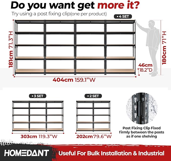 HOMEDANT 5-Tier Laminated Boltless Heavy Duty Metal Shelving Unit Adjustable Garage Storage Utility Rack Shelves Organization Multipurpose Shelf Warehouse Industrial (1, (L) 39.8" W, Black)