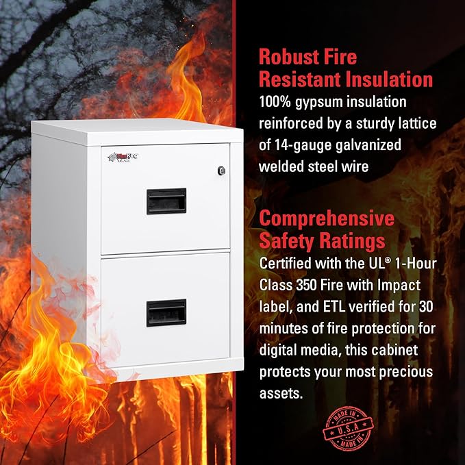FireKing Turtle Vertical 2 Drawer Legal and Letter Fire Safe File Cabinet with Key Lock, 1 Hour Fire Rated, UL Rated & Water Resistant Home Safe, Filing Cabinet, Made in The USA, Arctic White