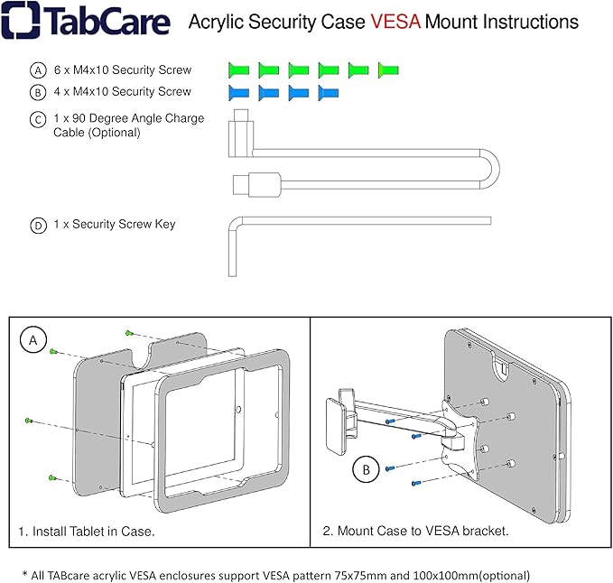 TABcare Anti-Theft Acrylic VESA Enclosure for Apple iPad mini 4/5 8" with Free Wall Mount Kit & 90-Degree Angle Charge Cable (iPad mini 4/5 8", Clear)