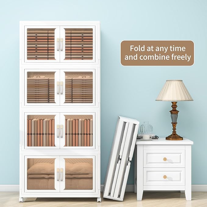 Large Clear Stackable Storage Bins with Lids, Foldable Storage Cabinet for Closet Organizers and Storage, Plastic Storage Box with Wheels 628 QT