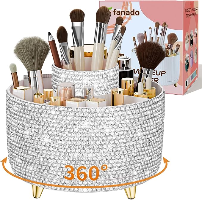 Bling 360° Rotate Makeup Brush Holder Organizer, Makeup Organizers Countertop, Makeup organization and Skincare Storage for Vanity, Gift for Women Girls (Bling dz-White)