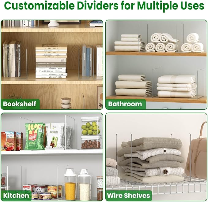 Shelf Dividers for Closet Organization: 8 Pack 10" Tall X 8.4" Deep Acrylic Clear Vertical Shelves Separators - Adhesive Adjustable Easy to Install Remove - Handbags/Clothes/Towel Storage