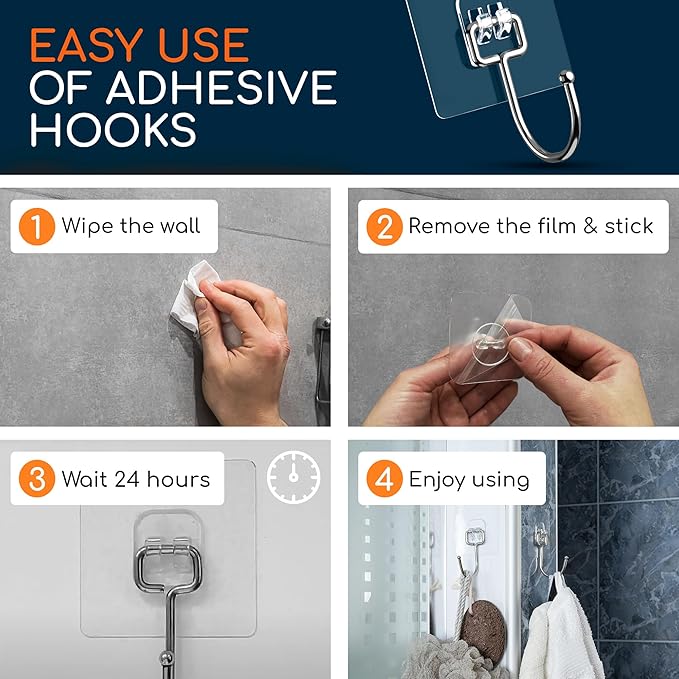 GLUIT Adhesive Large Wall Hooks for Hanging Heavy Duty 22 lbs Hooks for Walls No Damage, Towel Sticky Clear Hooks, Waterproof, Home, Bathroom, Kitchen, Office, and Outdoor 6 Pack