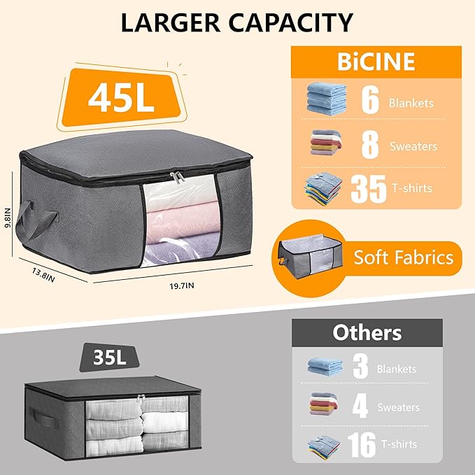 2 Pack Clothes Organizer Storage Bags with Zipper, 45L Foldable Blanket Storage Box with Clear Window Sturdy Handles for Closet, Dorm, Pillows, Bedding, Sweater, Clothing, Gray