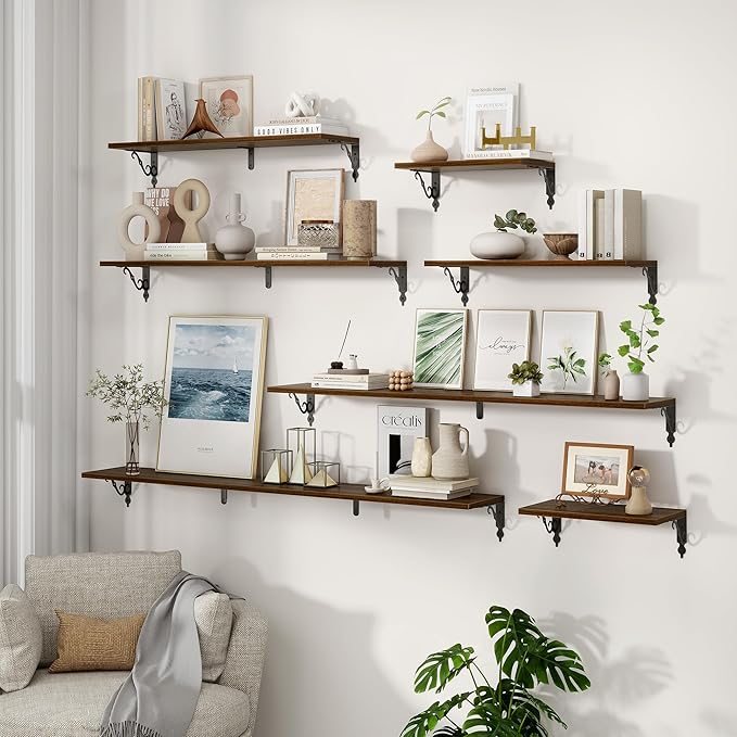 Fun Memories Large Floating Shelves for Wall 48 Inches Long, 8 Inch Deep Shelves with Metal Bracket, 48 Inch Floating Shelves Wall-Mounted, Wide Display & Storage Bookshelves, Walnut, Set of 2