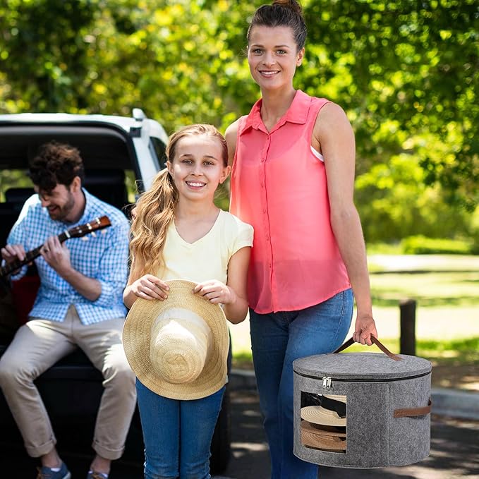 Lifewit Round Cowboy Hat Box for 7 Caps, Large Felt Hat Organizer Bag for Men & Women Storage, Baseball Cap Container with Dustproof Lid for Travel, Foldable 16.5" D x 10.6" H Carrier, Gray